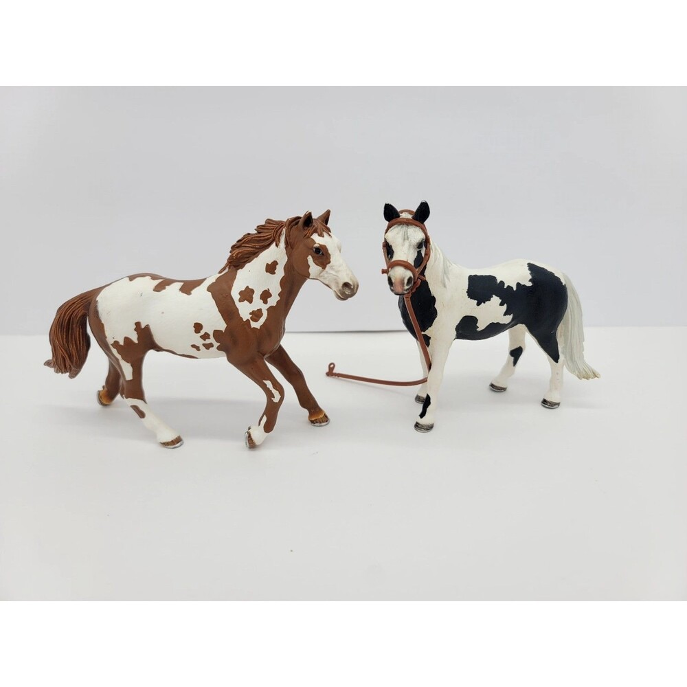 Schleich Pinto Mare Black & White Horse Figure 2010 & Stallion Brown White 2006
